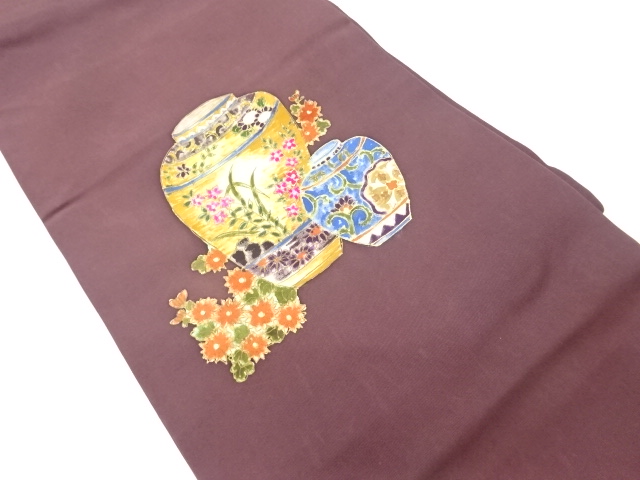 塩瀬金彩壺に草花・花唐草模様名古屋帯